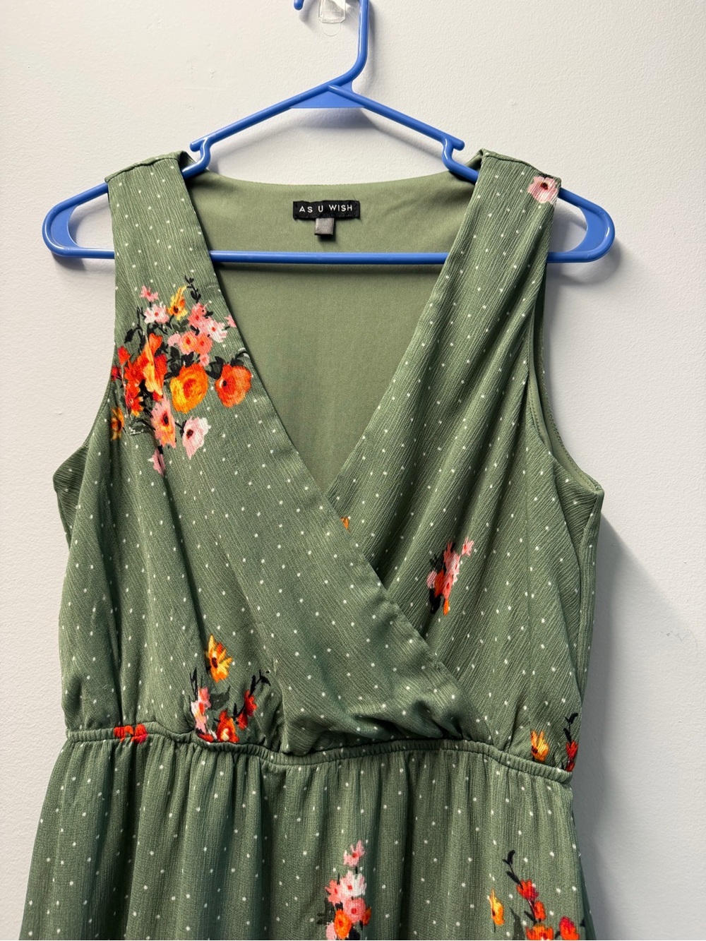 Olive Green Bright Floral Front Wrap Dress With White Polka Dots Size Medium - Picture 2 of 10